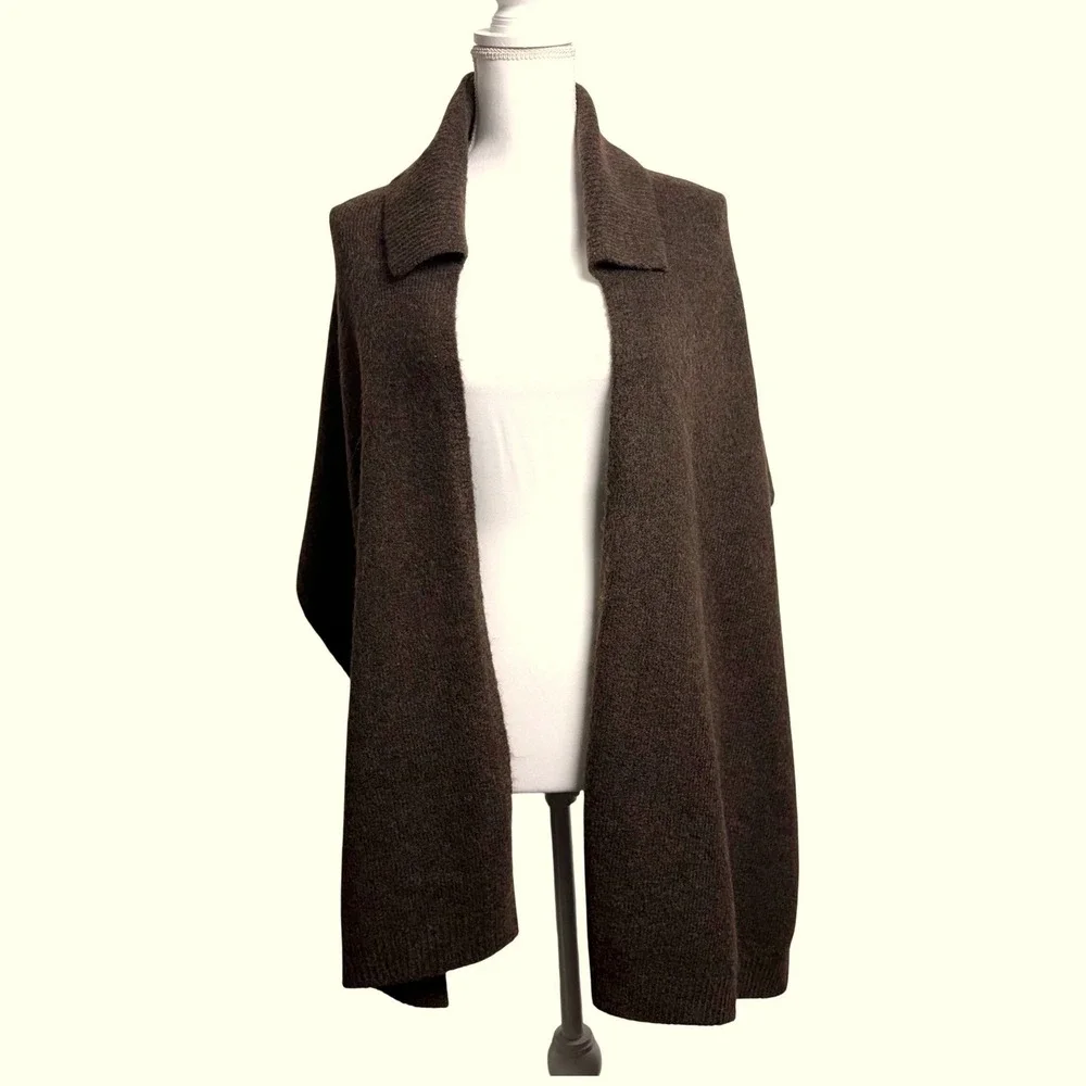 Anthropologie Minimalist Brown Knit Collared Open Front‎ Shawl Wrap Poncho OS